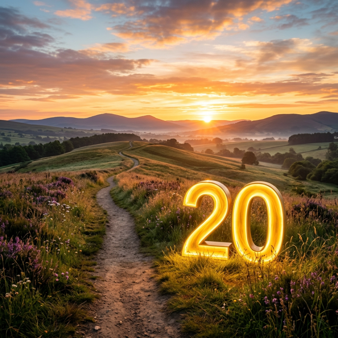 Glowing number 20 beside a dirt path in a grassy hill landscape at sunrise