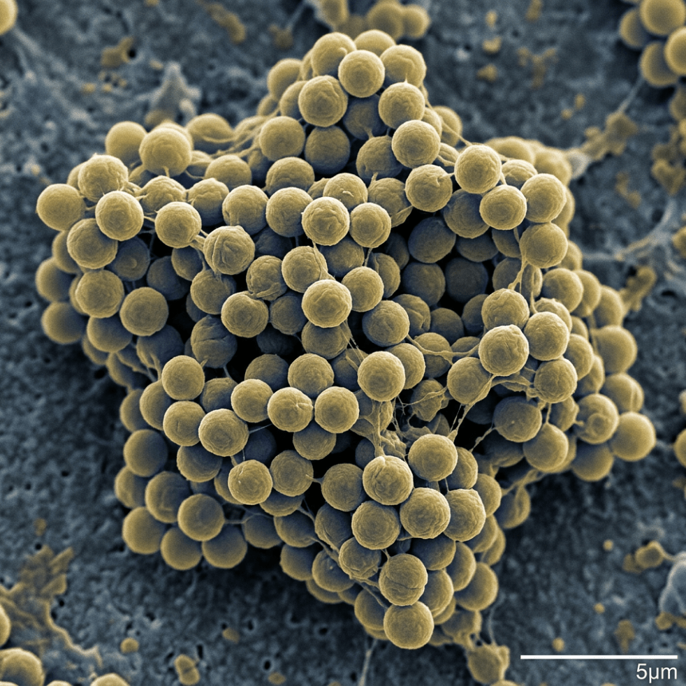 Clustered spherical Staphylococcus aureus bacteria under microscope