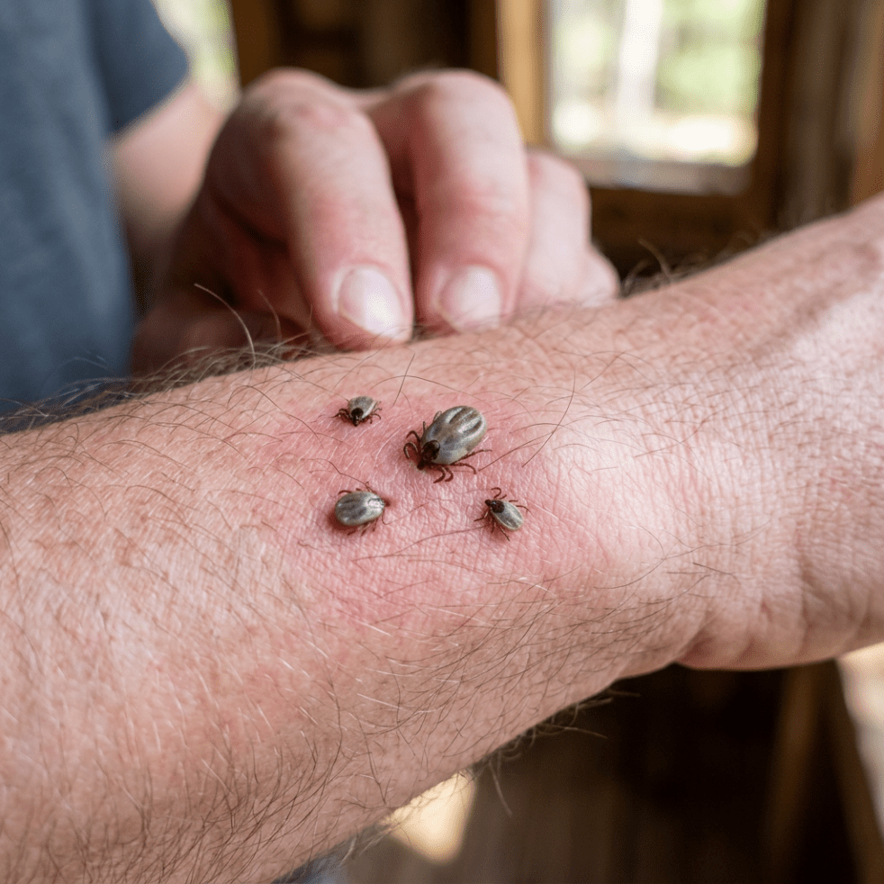 Four ticks of varying sizes attached to an arm with visible redness and irritation